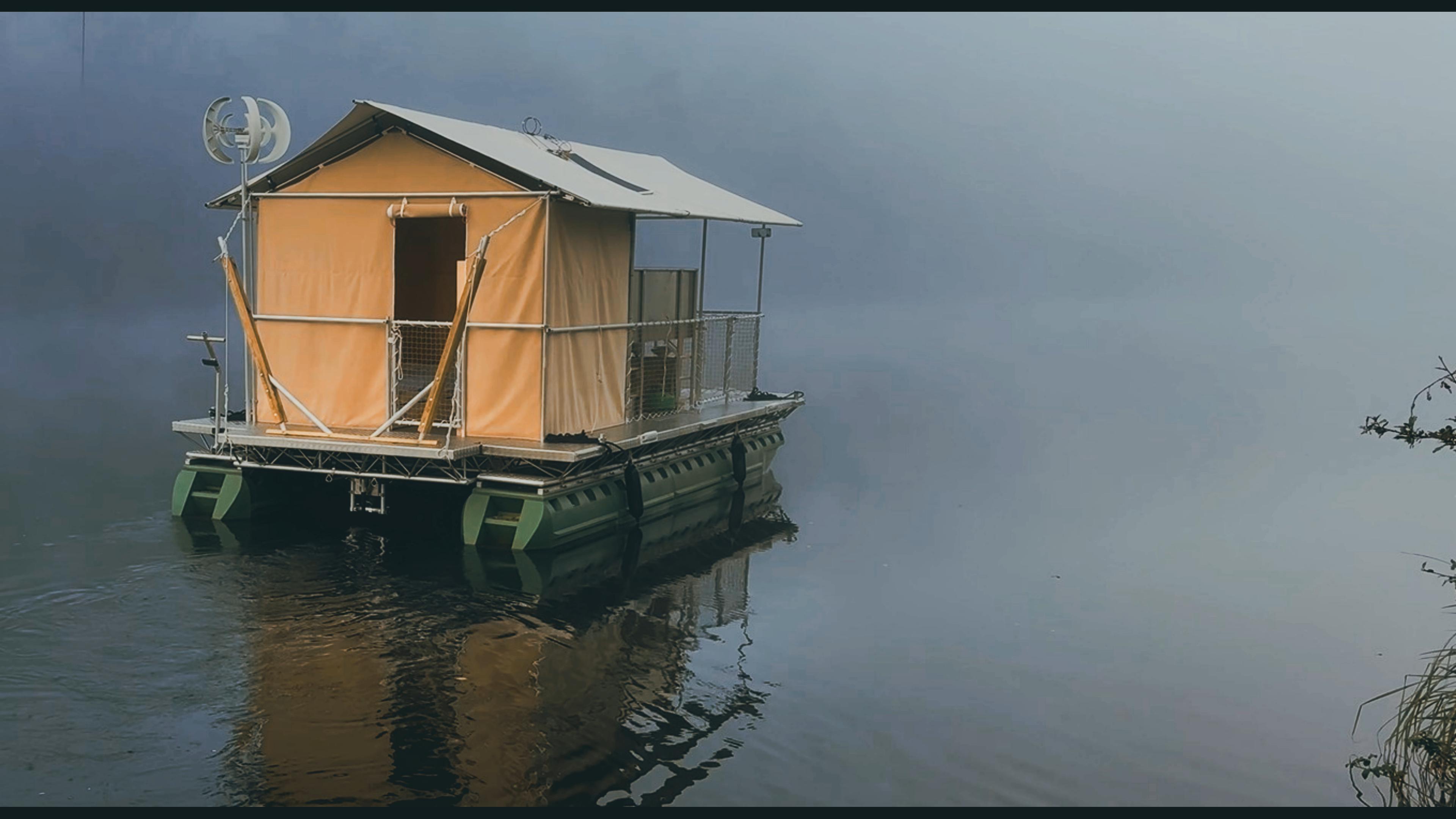 The Glamping Boat at anchor in morning mist